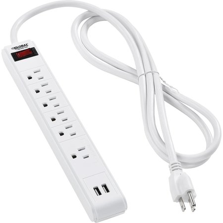 Global Industrial 12 5+1 Outlet Strip & Surge Protector w/USB Ports, 900 Joules, 6-ft Cord, White 501619